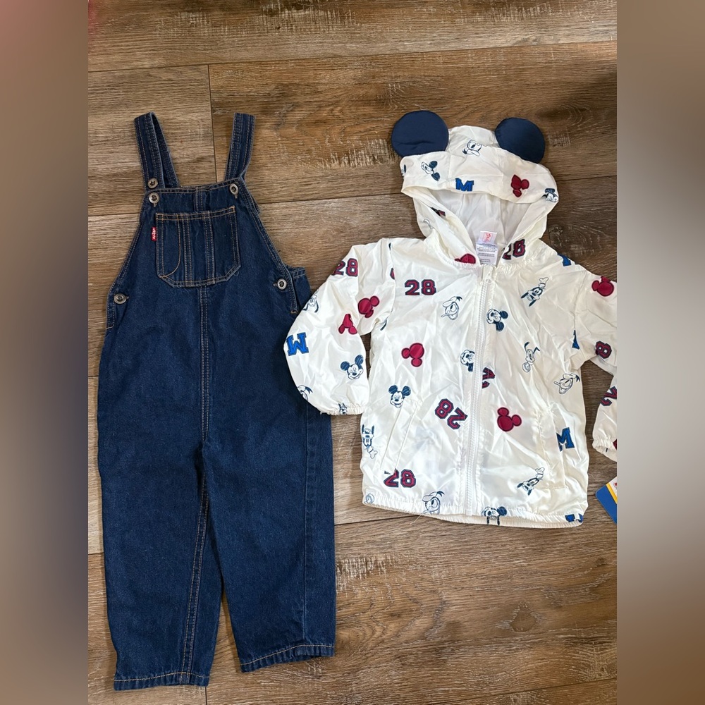 Levi's Dark Blue Denim Overalls and nwt White Mickey Print Hooded Jacket 3T